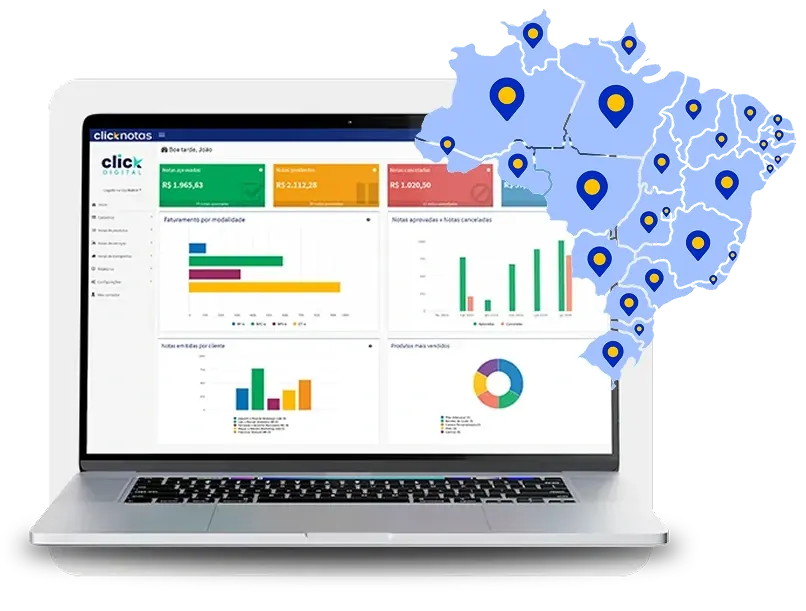 Notebook com a tela do sistema emissor de notas fiscais ClickNotas e o mapa do Brasil, representando o emissor nacional de nota fiscal MEI ilimitado.