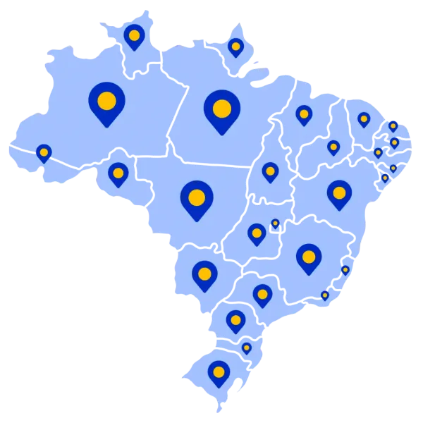 Mapa do Brasil com ícones de localização em todos os estados representando a presença do sistema emissor de notas fiscais ClickNotas em todo território nacional.