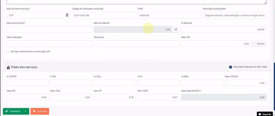Tela de cadastro de NFS-e no sistema emissor de notas fiscais ClickNotas.