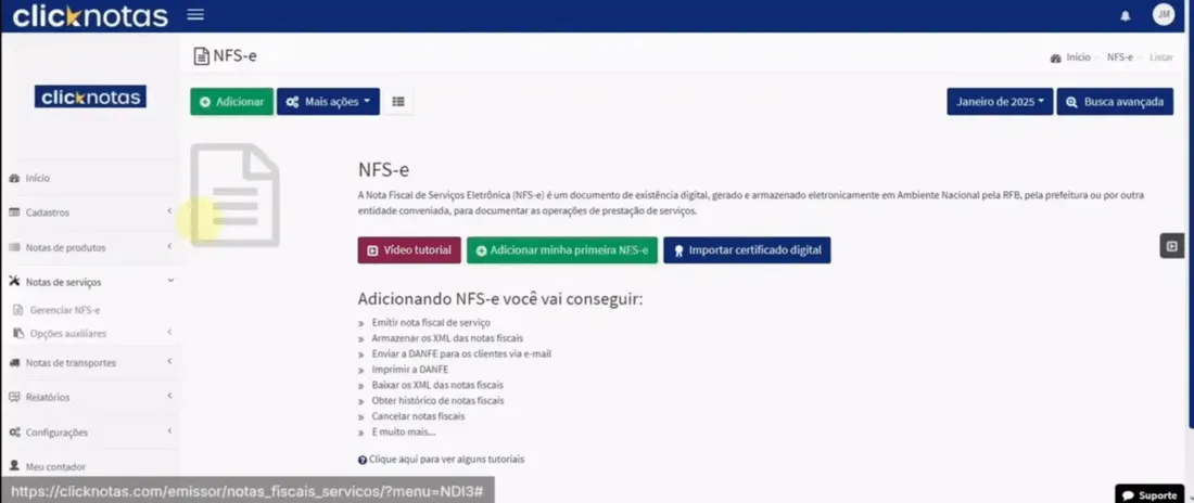 Tela de NFS-e do sistema emissor de notas fiscais ClickNotas.
