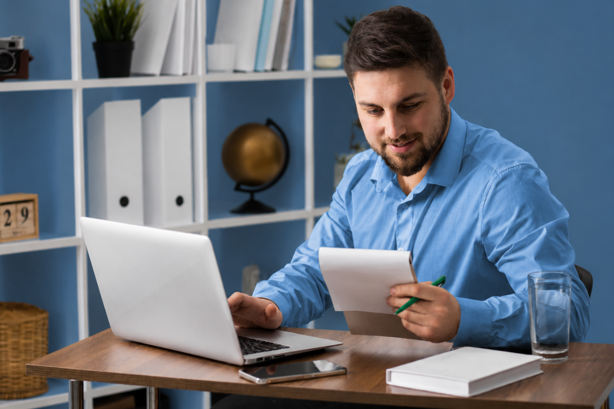 Funcionário sentado analisando documentos e relatórios sobre sua mesa de trabalho e usando notebook representando: Impacto do CFOP na precificação.