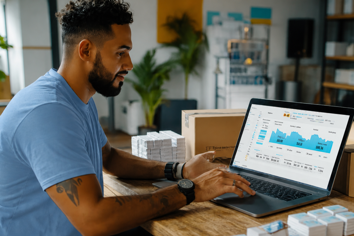 Homem sentado trabalhando em um notebook em ambiente home office representando: Reforma Tributária para e-commerce: riscos e oportunidades.