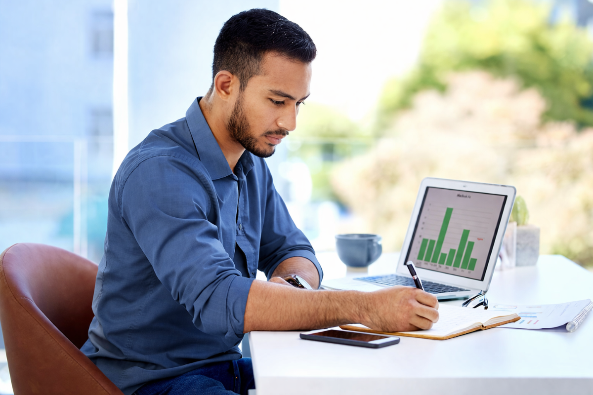 Empresário analisa dados financeiros em notebook sobre rejeição de nota fiscal recorrente.