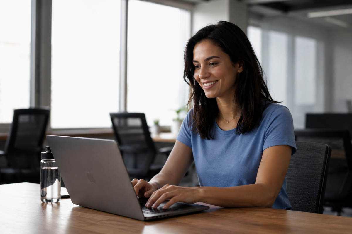 Mulher trabalhando sentada em ambiente de escritório usando notebook sobre uma mesa para se proteger de autuação por erro na nota fiscal.