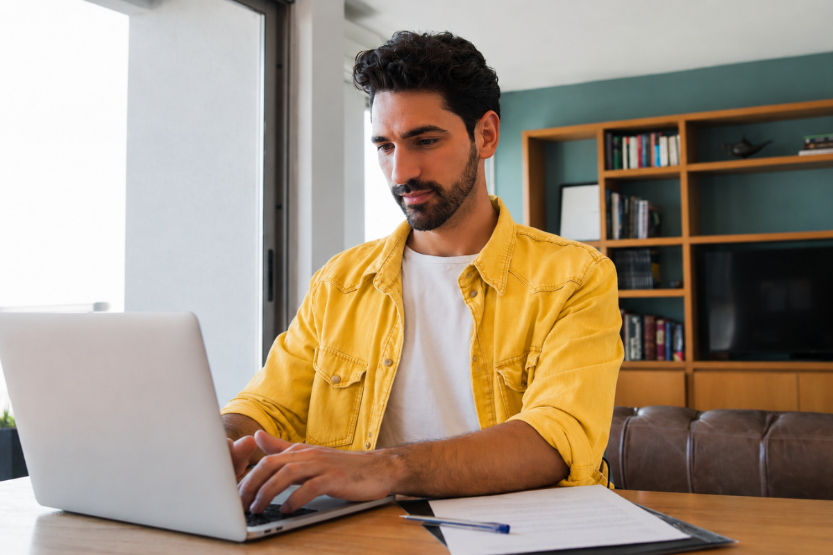 Profissional sentado trabalhando em um notebook sobre uma mesa em ambiente de escritório sobre Qual a responsabilidade tributária na emissão de documentos fiscais.