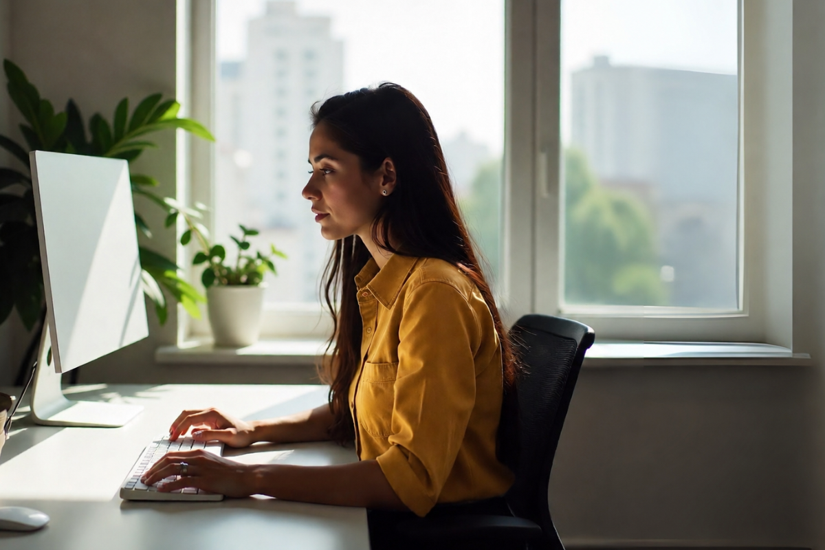 Mulher trabalhando sentada usando um computador sobre uma mesa de escritório representando: Nota fiscal complementar: quando é obrigatória e como emitir corretamente.