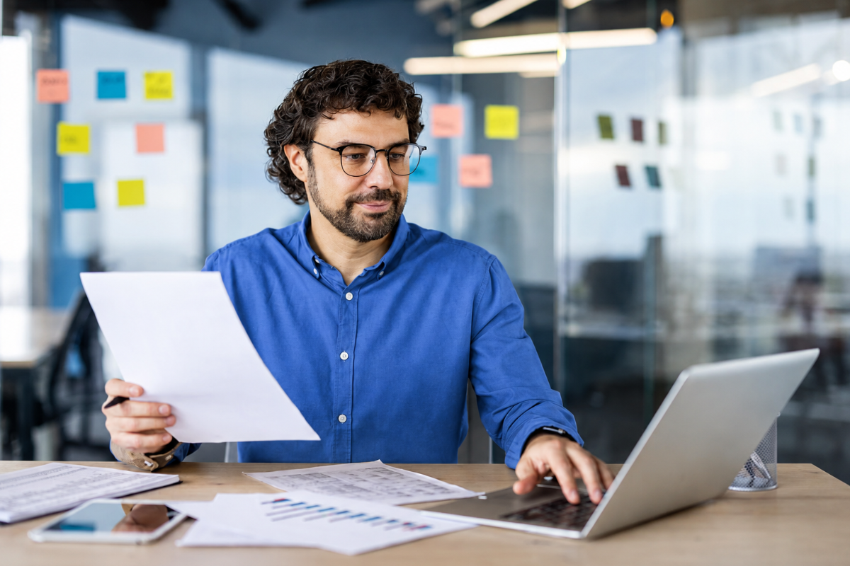 Empresário empreendedor trabalhando em notebook e com documentos em mãos sentado em ambiente de escritório sobre Planilha ou sistema financeiro: quando a pequena empresa deve migrar.