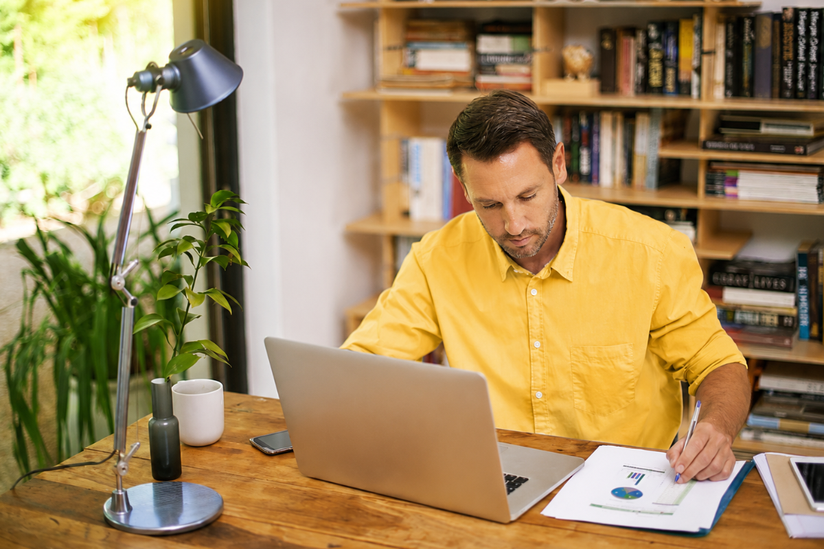 Homem em seu escritório analisando seu notebook sobre a mesa e anotando em uma folha, representando: Nota fiscal de serviço e o Imposto Seletivo: quem é afetado e como emitir a NFS-e corretamente